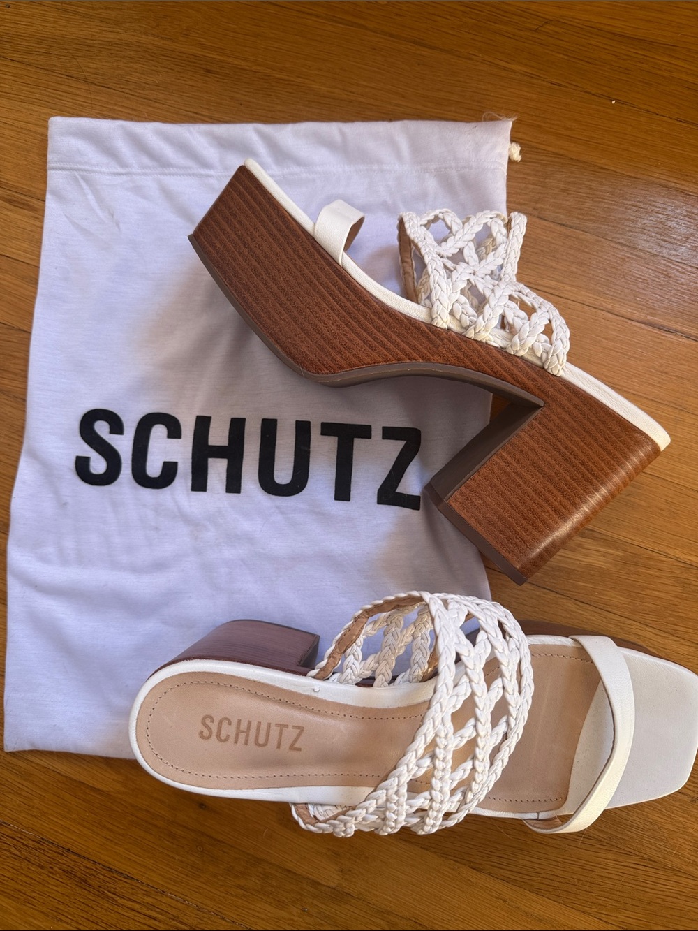 SCHUTZ White Braided Platform Sandals